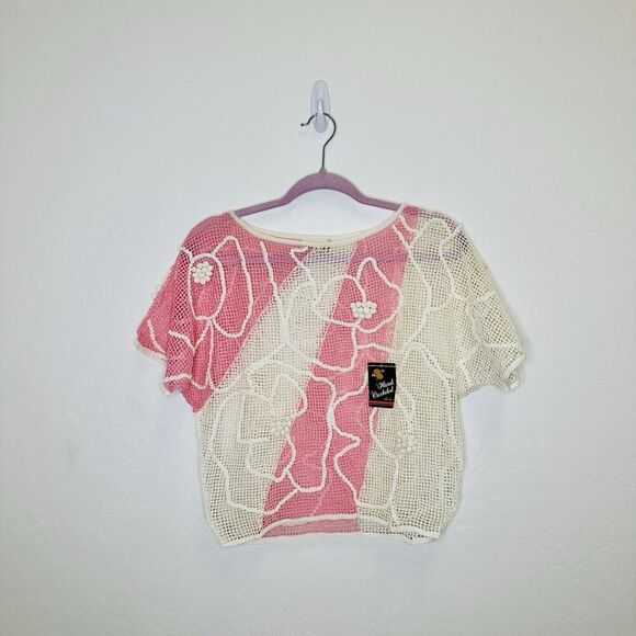 Lim's Vintage Hand Crocheted Abstract Flower Top Pink White Pom Poms Medium - Picture 1 of 6